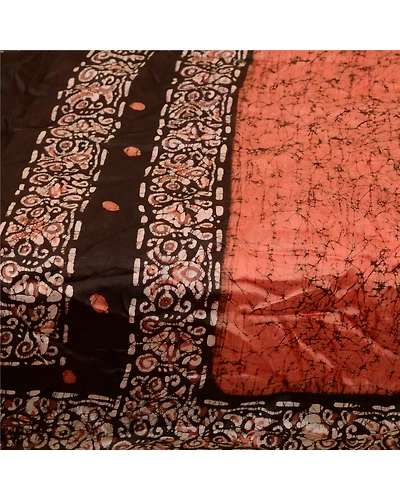 Sanskriti Vintage Peach Batik Sarees 100% Pure Silk Printed Sari Craft Fabric, PR-59177-Peach-Printed Floral Design-Pure Silk-3
