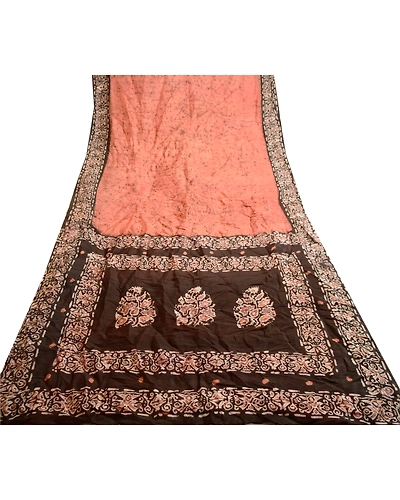 Sanskriti Vintage Peach Batik Sarees 100% Pure Silk Printed Sari Craft Fabric, PR-59177-Peach-Printed Floral Design-Pure Silk-7