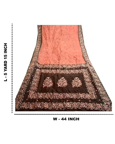 Sanskriti Vintage Peach Batik Sarees 100% Pure Silk Printed Sari Craft Fabric, PR-59177-Peach-Printed Floral Design-Pure Silk-8