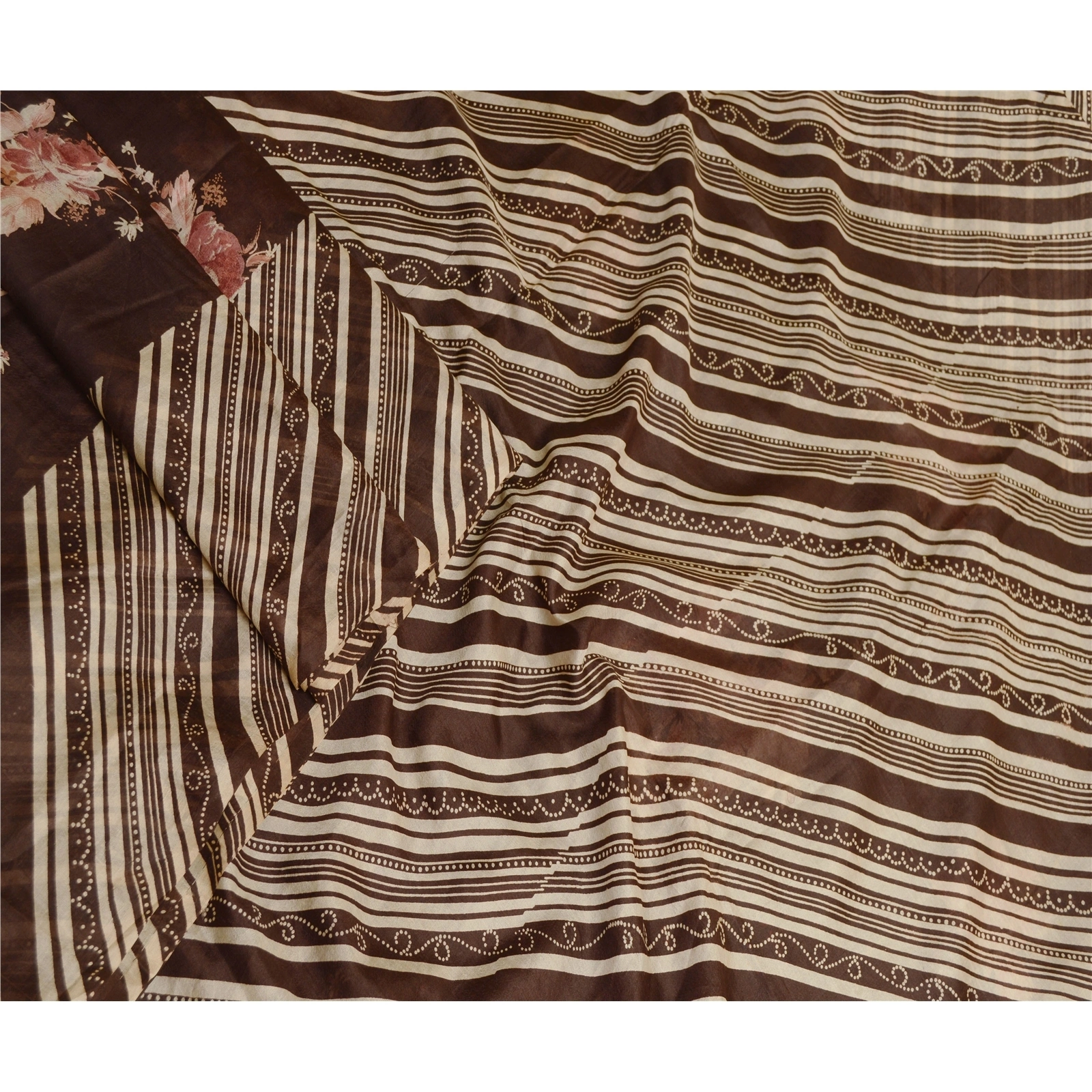 Sanskriti Vintage Brown Sarees 100% Pure Silk Printed Sari Floral Craft Fabric, PR-59179-Brown-Printed Floral Design-Pure Silk-1