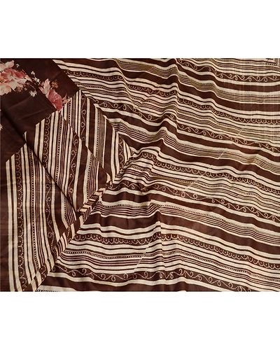 Sanskriti Vintage Brown Sarees 100% Pure Silk Printed Sari Floral Craft Fabric, PR-59179-Brown-Printed Floral Design-Pure Silk-1
