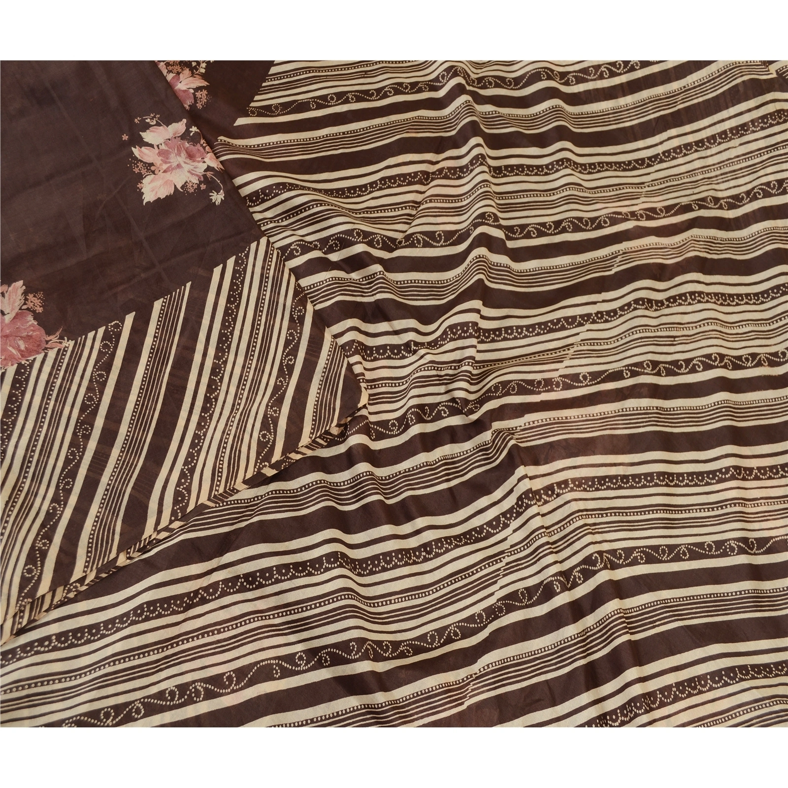 Sanskriti Vintage Brown Sarees 100% Pure Silk Printed Sari Floral Craft Fabric, PR-59179-Brown-Printed Floral Design-Pure Silk-2