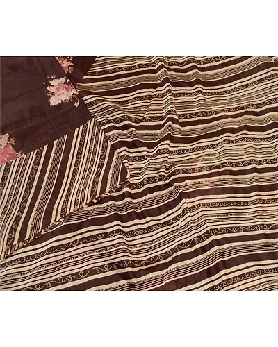 Sanskriti Vintage Brown Sarees 100% Pure Silk Printed Sari Floral Craft Fabric, PR-59179-Brown-Printed Floral Design-Pure Silk-2