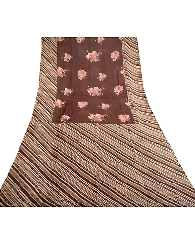 Sanskriti Vintage Brown Sarees 100% Pure Silk Printed Sari Floral Craft Fabric, PR-59179-Brown-Printed Floral Design-Pure Silk-7