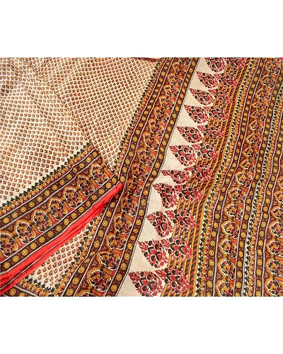 Sanskriti Vintage Cream Sarees Pure Silk Printed Sari 5Yd Floral Craft Fabric, PR-59186-Cream-Printed Floral Design-Pure Silk-2