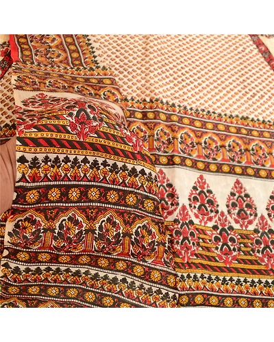 Sanskriti Vintage Cream Sarees Pure Silk Printed Sari 5Yd Floral Craft Fabric, PR-59186-Cream-Printed Floral Design-Pure Silk-5