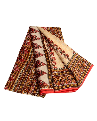 Sanskriti Vintage Cream Sarees Pure Silk Printed Sari 5Yd Floral Craft Fabric, PR-59186-Cream-Printed Floral Design-Pure Silk-6