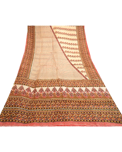 Sanskriti Vintage Cream Sarees Pure Silk Printed Sari 5Yd Floral Craft Fabric, PR-59186-Cream-Printed Floral Design-Pure Silk-7