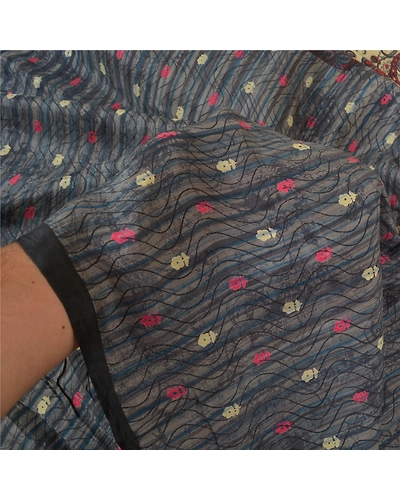 Sanskriti Vintage Gray Sarees 100% Pure Silk Printed Sari Floral Craft Fabric, PR-59201-Gray-Printed Floral Design-Pure Silk-5
