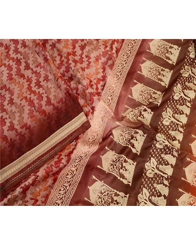 Sanskriti Vintage Pink Baluchari Mythological Sarees Pure Silk Print Sari Fabric, PR-59216-Dusty Pink-Printed Floral Design-Pure Silk-2