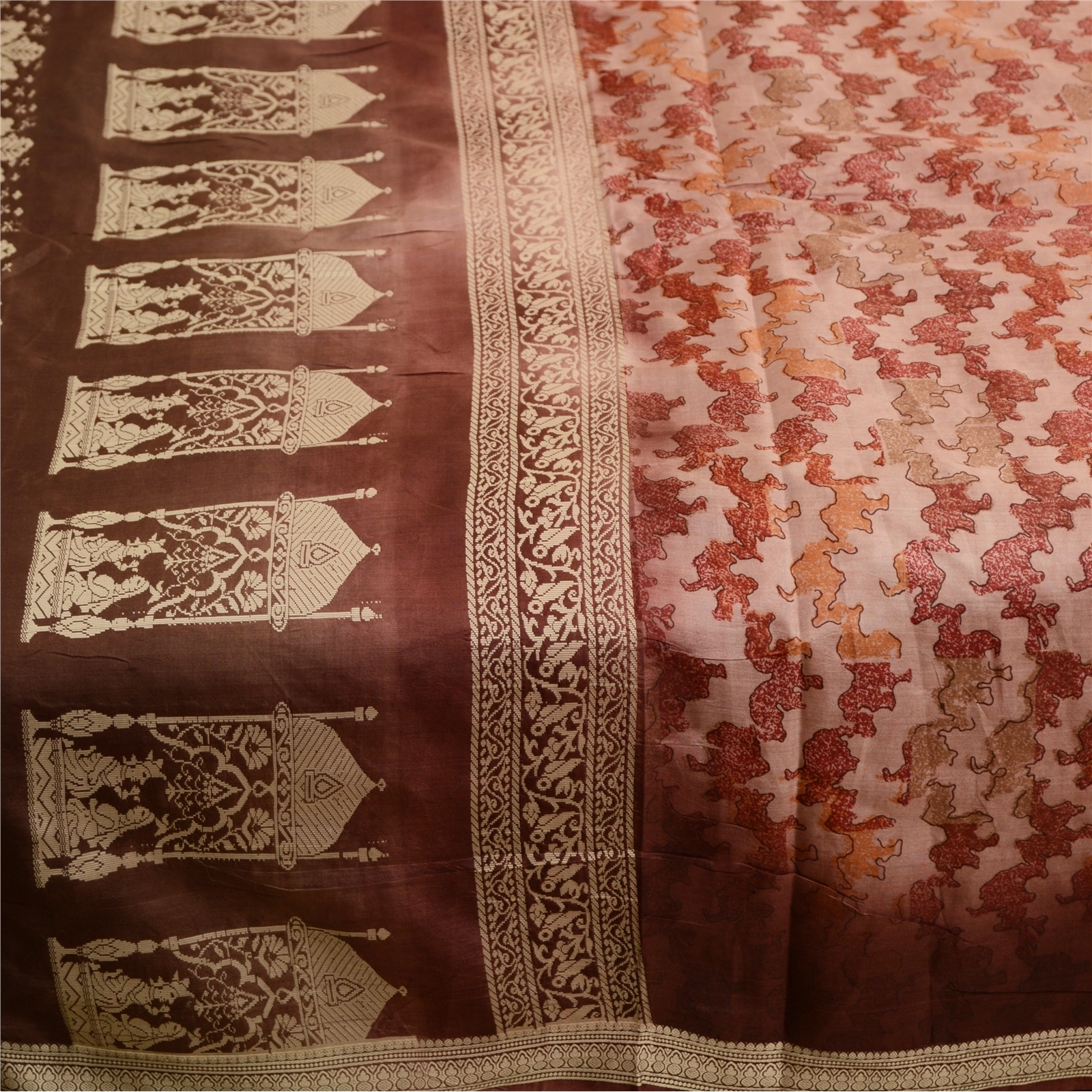 Sanskriti Vintage Pink Baluchari Mythological Sarees Pure Silk Print Sari Fabric, PR-59216-Dusty Pink-Printed Floral Design-Pure Silk-3