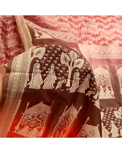 Sanskriti Vintage Pink Baluchari Mythological Sarees Pure Silk Print Sari Fabric, PR-59216-Dusty Pink-Printed Floral Design-Pure Silk-5