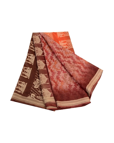 Sanskriti Vintage Pink Baluchari Mythological Sarees Pure Silk Print Sari Fabric, PR-59216-Dusty Pink-Printed Floral Design-Pure Silk-6