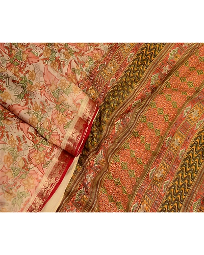 Sanskriti Vintage Cream Sarees Pure Silk Printed Sari 5Yd Floral Craft Fabric, PR-59218-Cream-Printed Floral Design-Pure Silk-1