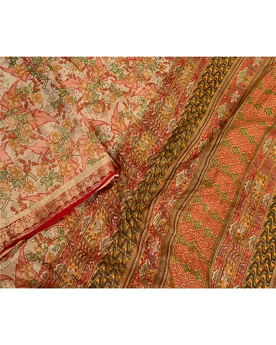 Sanskriti Vintage Cream Sarees Pure Silk Printed Sari 5Yd Floral Craft Fabric, PR-59218-Cream-Printed Floral Design-Pure Silk-2