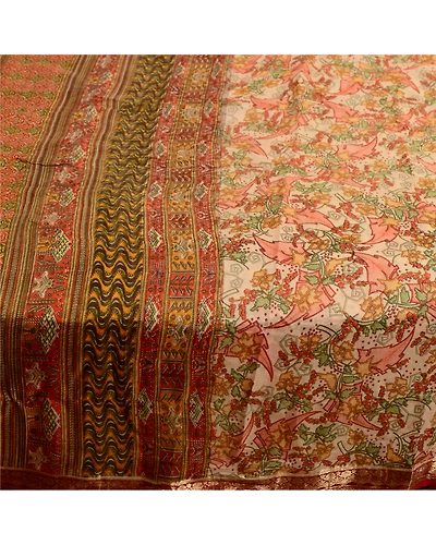 Sanskriti Vintage Cream Sarees Pure Silk Printed Sari 5Yd Floral Craft Fabric, PR-59218-Cream-Printed Floral Design-Pure Silk-3