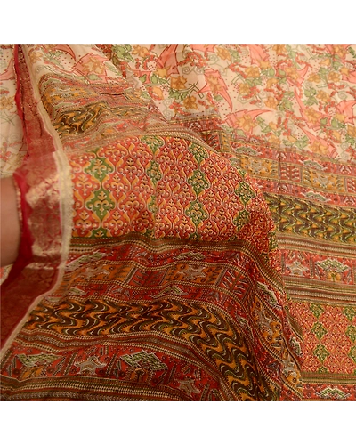 Sanskriti Vintage Cream Sarees Pure Silk Printed Sari 5Yd Floral Craft Fabric, PR-59218-Cream-Printed Floral Design-Pure Silk-5