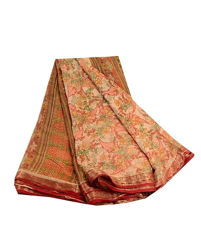 Sanskriti Vintage Cream Sarees Pure Silk Printed Sari 5Yd Floral Craft Fabric, PR-59218-Cream-Printed Floral Design-Pure Silk-6