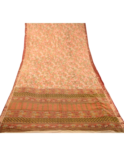 Sanskriti Vintage Cream Sarees Pure Silk Printed Sari 5Yd Floral Craft Fabric, PR-59218-Cream-Printed Floral Design-Pure Silk-7