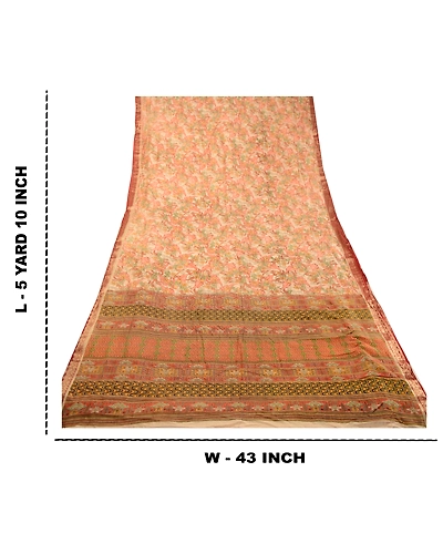 Sanskriti Vintage Cream Sarees Pure Silk Printed Sari 5Yd Floral Craft Fabric, PR-59218-Cream-Printed Floral Design-Pure Silk-8