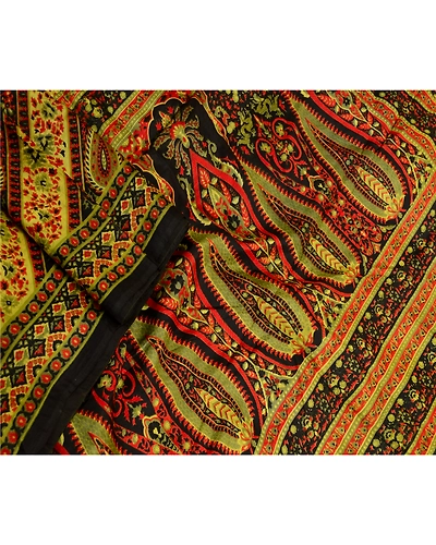 Sanskriti Vintage Black Sarees Pure Silk Printed Sari 5Yd Floral Craft Fabric, PR-59219-Black-Printed Floral Design-Pure Silk-1