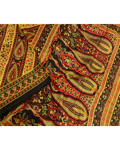 Sanskriti Vintage Black Sarees Pure Silk Printed Sari 5Yd Floral Craft Fabric, PR-59219-Black-Printed Floral Design-Pure Silk-2