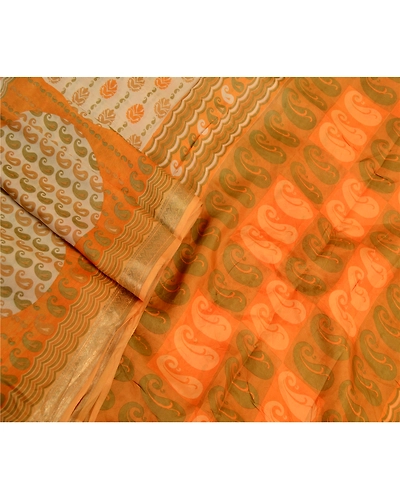Sanskriti Vintage Ivory Sarees Pure Silk Printed Zari Border Sari Craft Fabric, PR-59225-Ivory-Printed Floral Design-Pure Silk-2