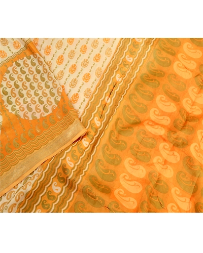 Sanskriti Vintage Ivory Sarees Pure Silk Printed Zari Border Sari Craft Fabric, PR-59225-Ivory-Printed Floral Design-Pure Silk-3