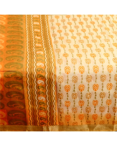Sanskriti Vintage Ivory Sarees Pure Silk Printed Zari Border Sari Craft Fabric, PR-59225-Ivory-Printed Floral Design-Pure Silk-4