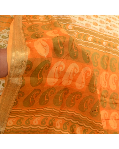 Sanskriti Vintage Ivory Sarees Pure Silk Printed Zari Border Sari Craft Fabric, PR-59225-Ivory-Printed Floral Design-Pure Silk-6