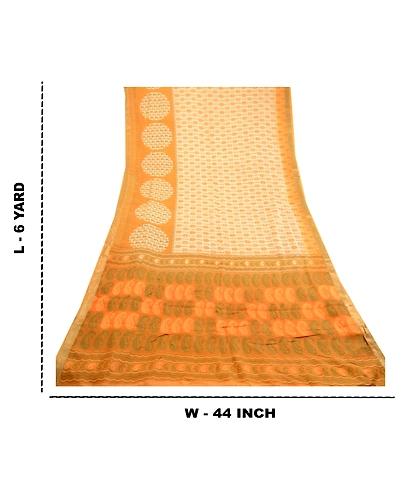 Sanskriti Vintage Ivory Sarees Pure Silk Printed Zari Border Sari Craft Fabric, PR-59225-Ivory-Printed Floral Design-Pure Silk-9