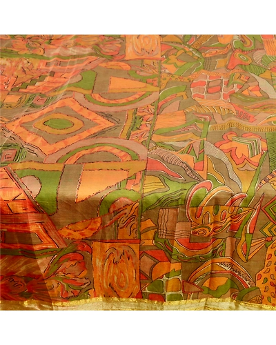 Sanskriti Vintage Multi Sarees Pure Silk Printed Zari Border Sari Craft Fabric, PR-59238-Multi-Printed Floral Design-Pure Silk-3