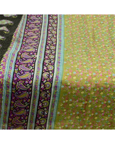 Sanskriti Vintage Green Sarees Pure Silk Printed Floral Sari 5Yd Craft Fabric, PR-59242-Green-Printed Floral Design-Pure Silk-3