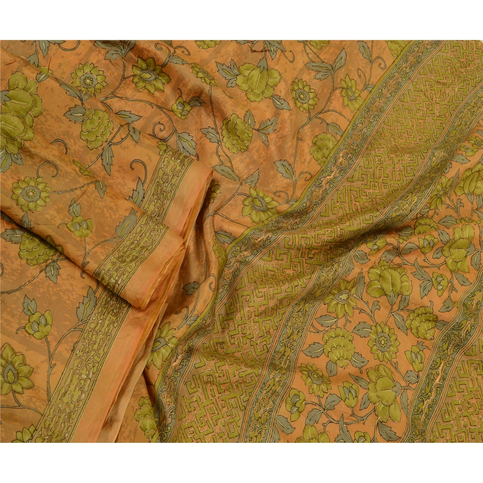 Sanskriti Vintage Yellow Sarees Pure Silk Printed Floral Sari 5Yd Craft Fabric, PR-59243-Yellow-Printed Floral Design-Pure Silk-1