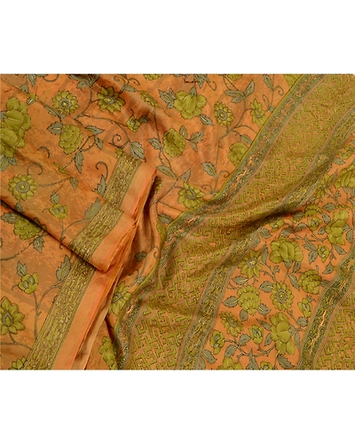 Sanskriti Vintage Yellow Sarees Pure Silk Printed Floral Sari 5Yd Craft Fabric, PR-59243-Yellow-Printed Floral Design-Pure Silk-1