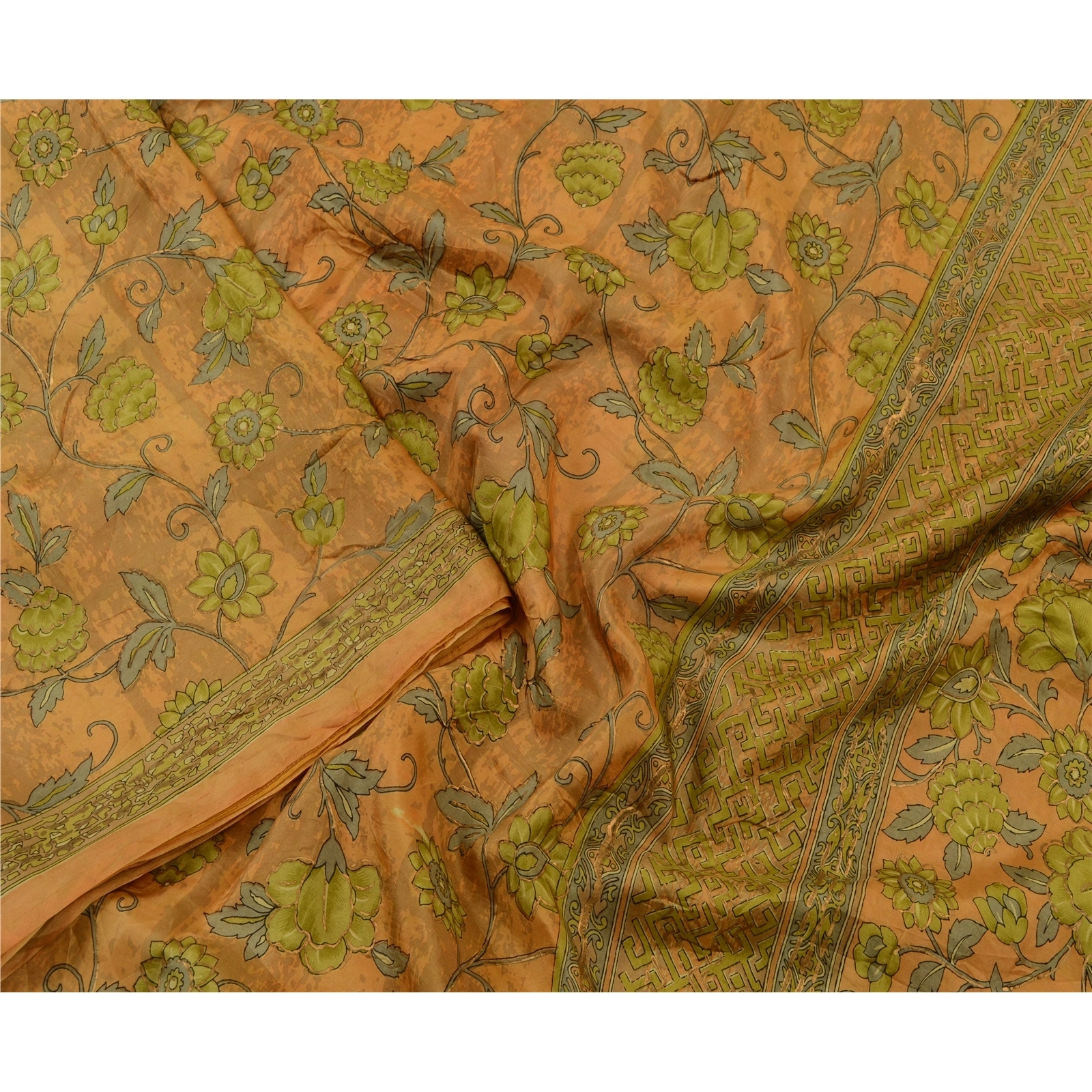 Sanskriti Vintage Yellow Sarees Pure Silk Printed Floral Sari 5Yd Craft Fabric, PR-59243-Yellow-Printed Floral Design-Pure Silk-2