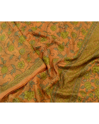 Sanskriti Vintage Yellow Sarees Pure Silk Printed Floral Sari 5Yd Craft Fabric, PR-59243-Yellow-Printed Floral Design-Pure Silk-2