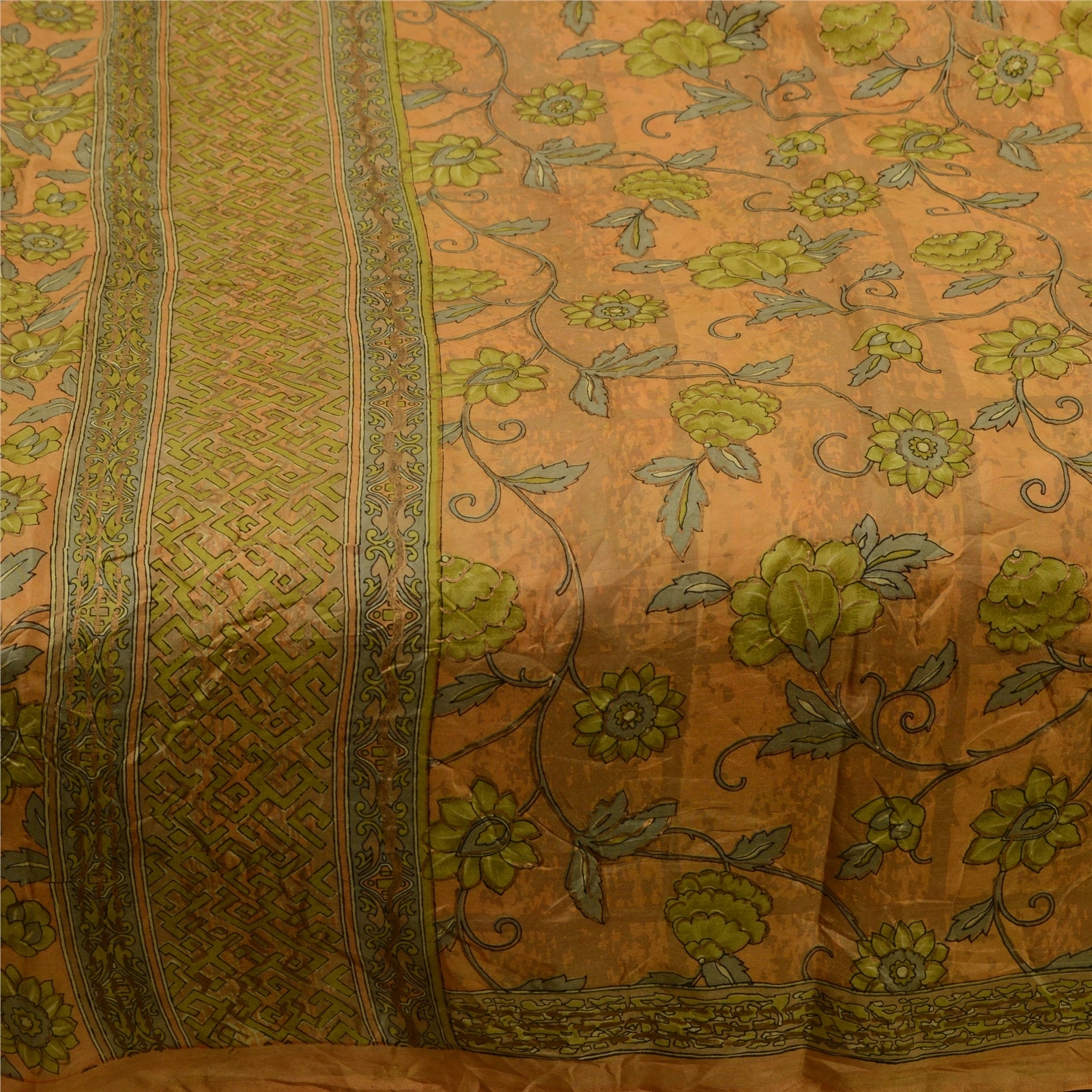 Sanskriti Vintage Yellow Sarees Pure Silk Printed Floral Sari 5Yd Craft Fabric, PR-59243-Yellow-Printed Floral Design-Pure Silk-3