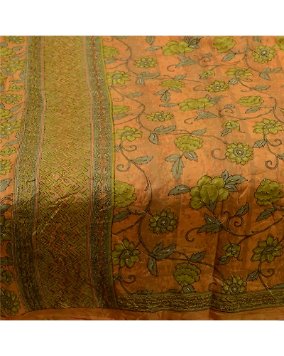 Sanskriti Vintage Yellow Sarees Pure Silk Printed Floral Sari 5Yd Craft Fabric, PR-59243-Yellow-Printed Floral Design-Pure Silk-3