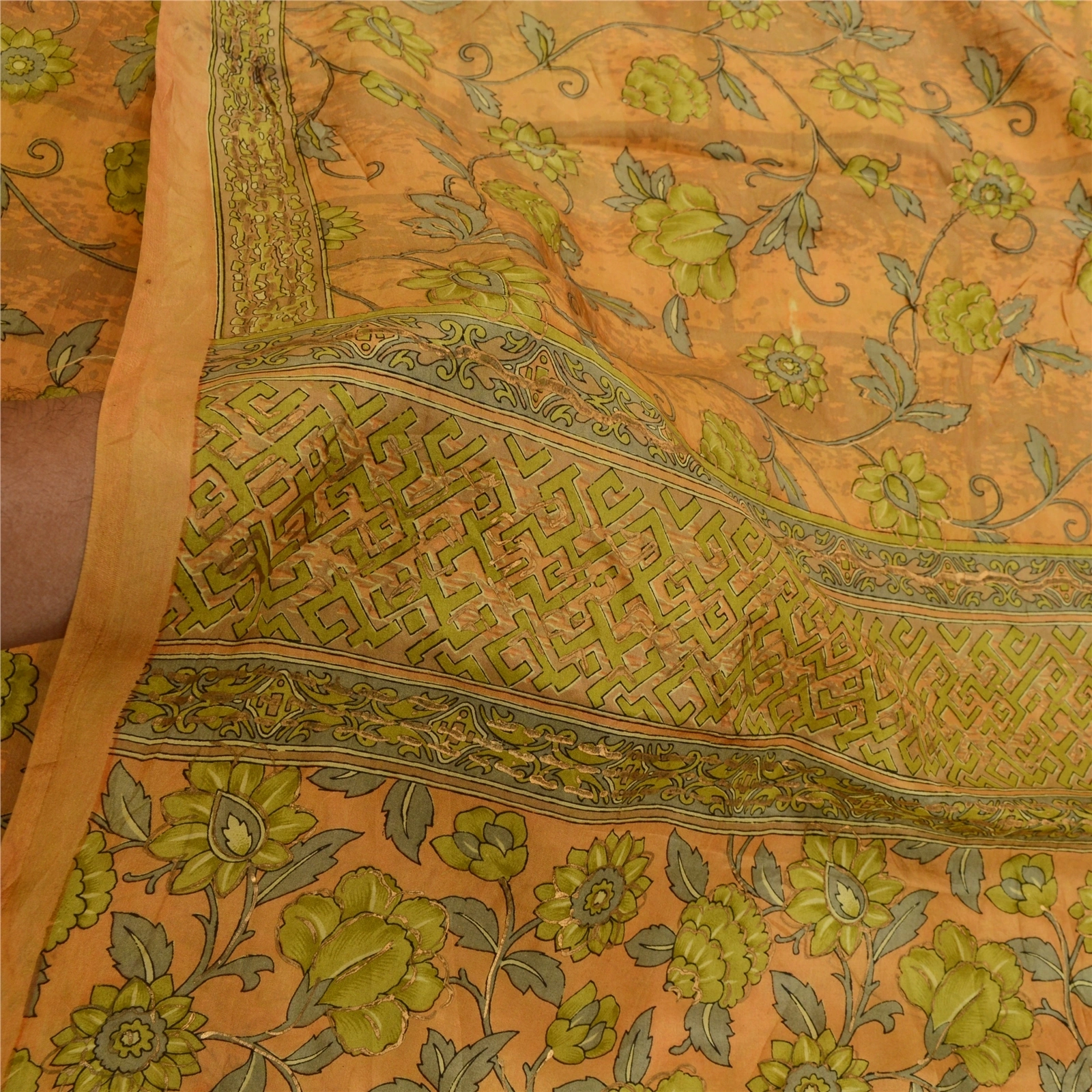 Sanskriti Vintage Yellow Sarees Pure Silk Printed Floral Sari 5Yd Craft Fabric, PR-59243-Yellow-Printed Floral Design-Pure Silk-5