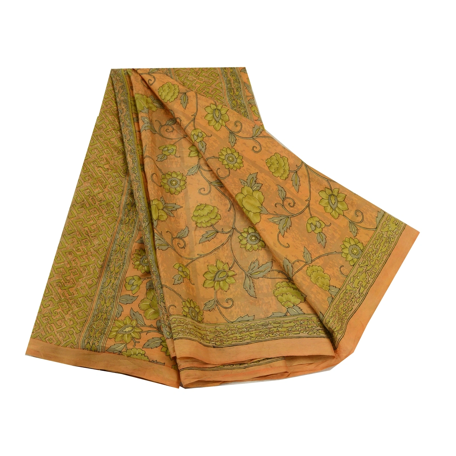 Sanskriti Vintage Yellow Sarees Pure Silk Printed Floral Sari 5Yd Craft Fabric, PR-59243-Yellow-Printed Floral Design-Pure Silk-6