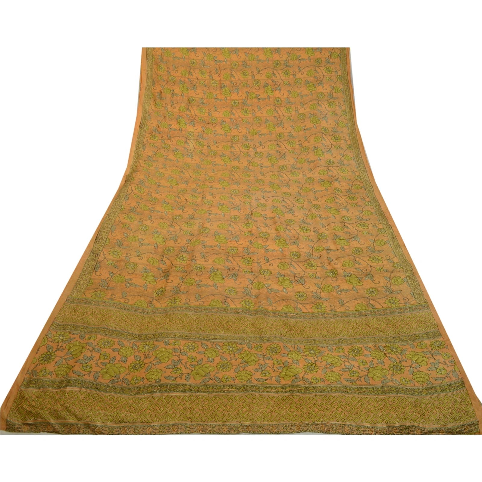 Sanskriti Vintage Yellow Sarees Pure Silk Printed Floral Sari 5Yd Craft Fabric, PR-59243-Yellow-Printed Floral Design-Pure Silk-7