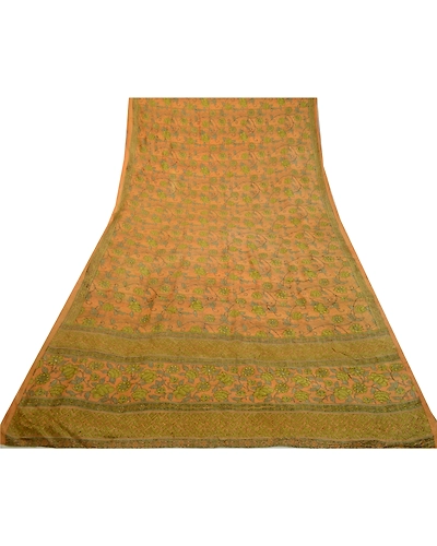 Sanskriti Vintage Yellow Sarees Pure Silk Printed Floral Sari 5Yd Craft Fabric, PR-59243-Yellow-Printed Floral Design-Pure Silk-7