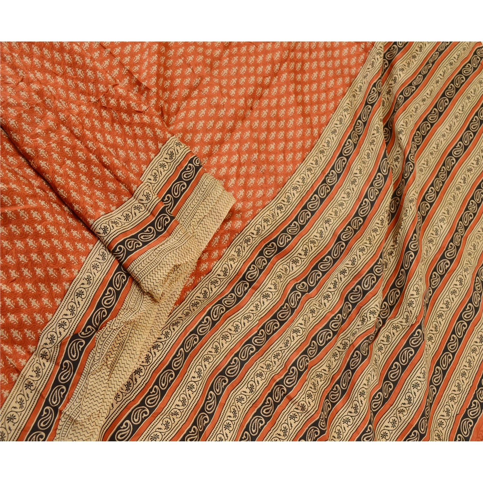 Sanskriti Vintage Orange Indian Sarees Pure Silk Printed Soft Sari Craft Fabric, PR-59248-Orange-Printed Floral Design-Pure Silk-1