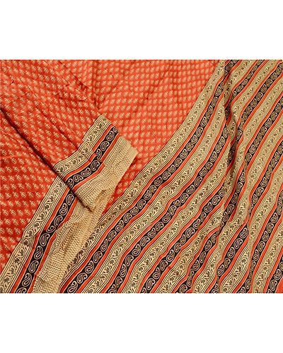 Sanskriti Vintage Orange Indian Sarees Pure Silk Printed Soft Sari Craft Fabric, PR-59248-Orange-Printed Floral Design-Pure Silk-1