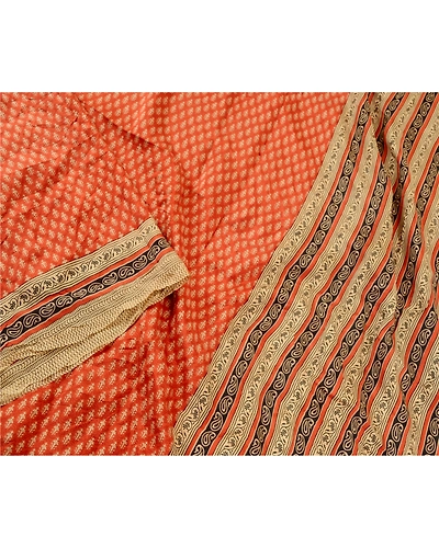 Sanskriti Vintage Orange Indian Sarees Pure Silk Printed Soft Sari Craft Fabric, PR-59248-Orange-Printed Floral Design-Pure Silk-2