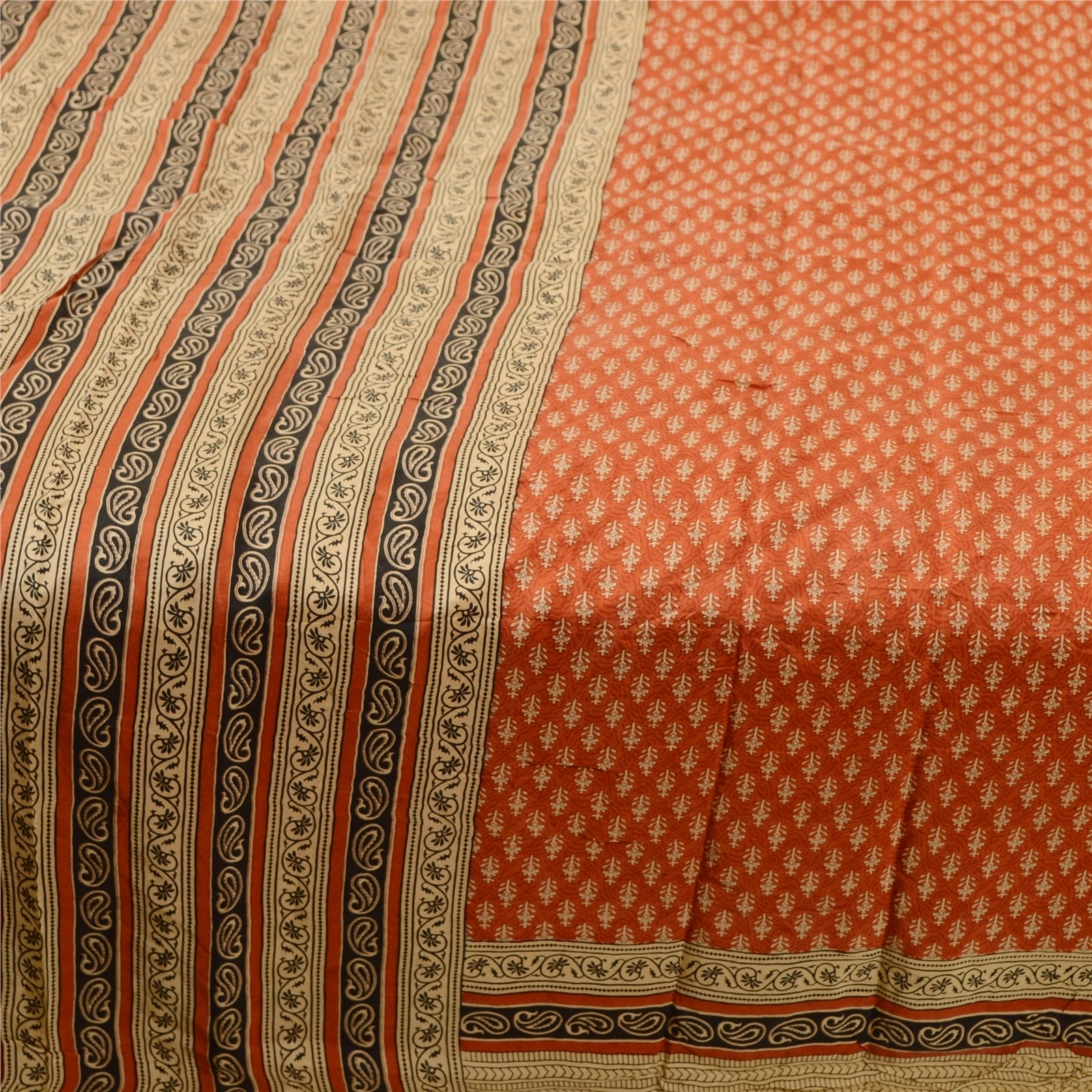 Sanskriti Vintage Orange Indian Sarees Pure Silk Printed Soft Sari Craft Fabric, PR-59248-Orange-Printed Floral Design-Pure Silk-3