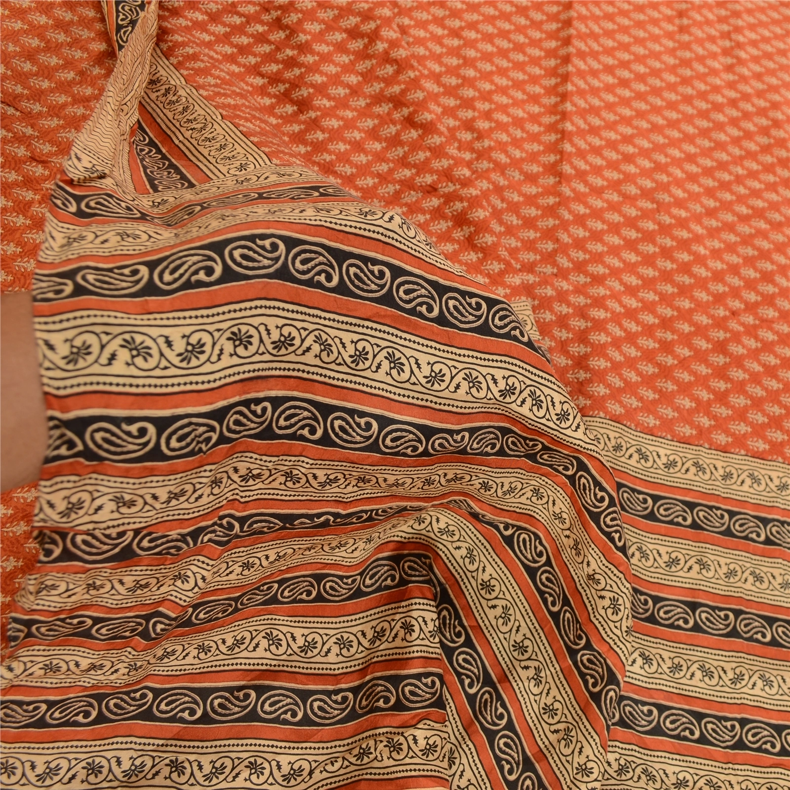 Sanskriti Vintage Orange Indian Sarees Pure Silk Printed Soft Sari Craft Fabric, PR-59248-Orange-Printed Floral Design-Pure Silk-5