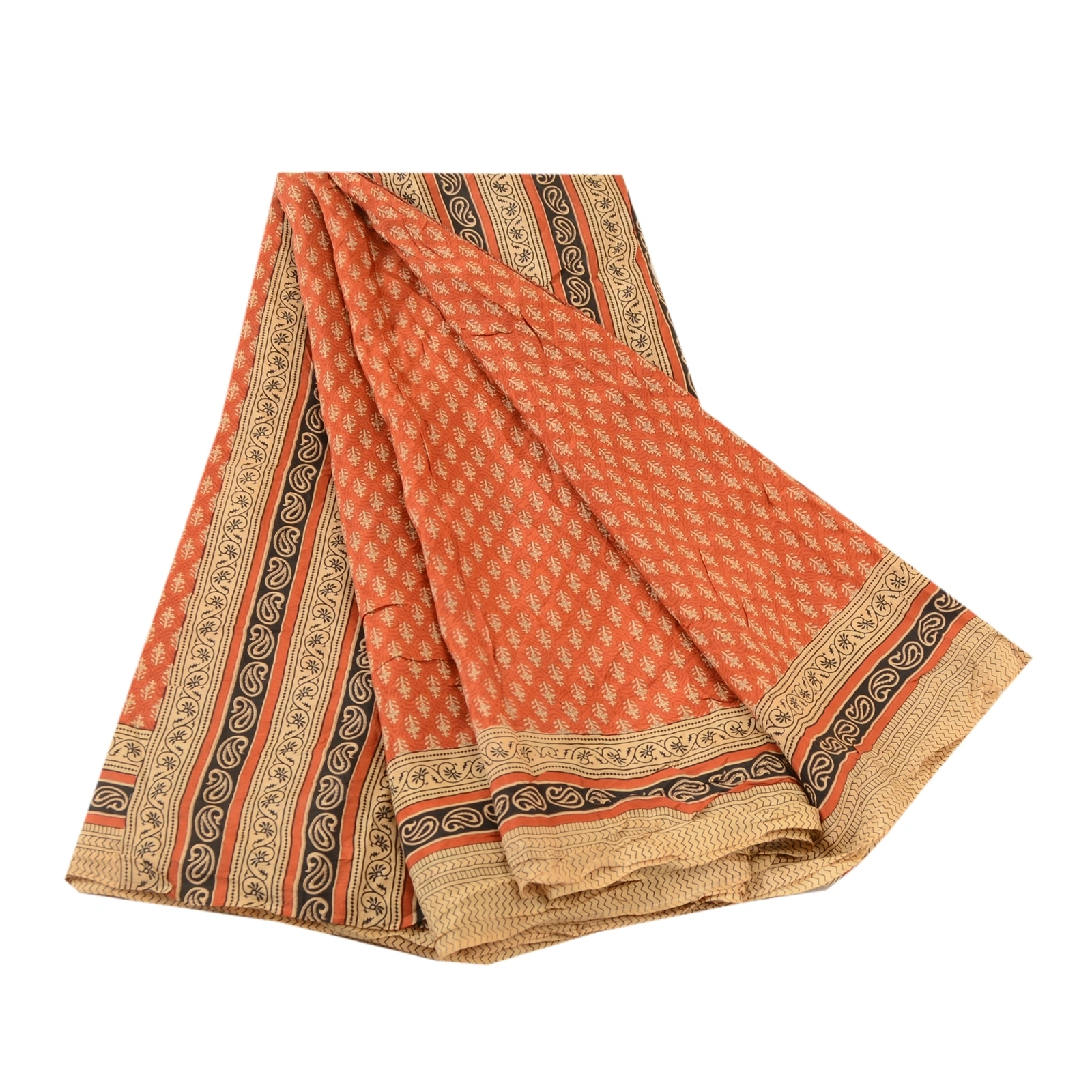 Sanskriti Vintage Orange Indian Sarees Pure Silk Printed Soft Sari Craft Fabric, PR-59248-Orange-Printed Floral Design-Pure Silk-6