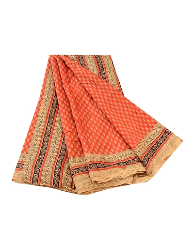 Sanskriti Vintage Orange Indian Sarees Pure Silk Printed Soft Sari Craft Fabric, PR-59248-Orange-Printed Floral Design-Pure Silk-6